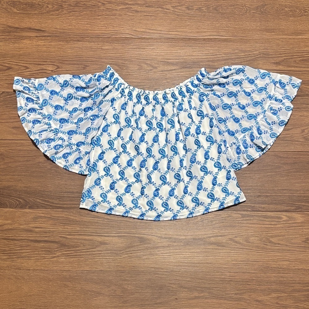 Lilly Pulitzer Alva Off-Shoulder Top Baha Blue Paisley Sequin Print Size S